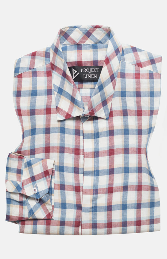 Blue & Red Checkered Linen Shirt - Her's