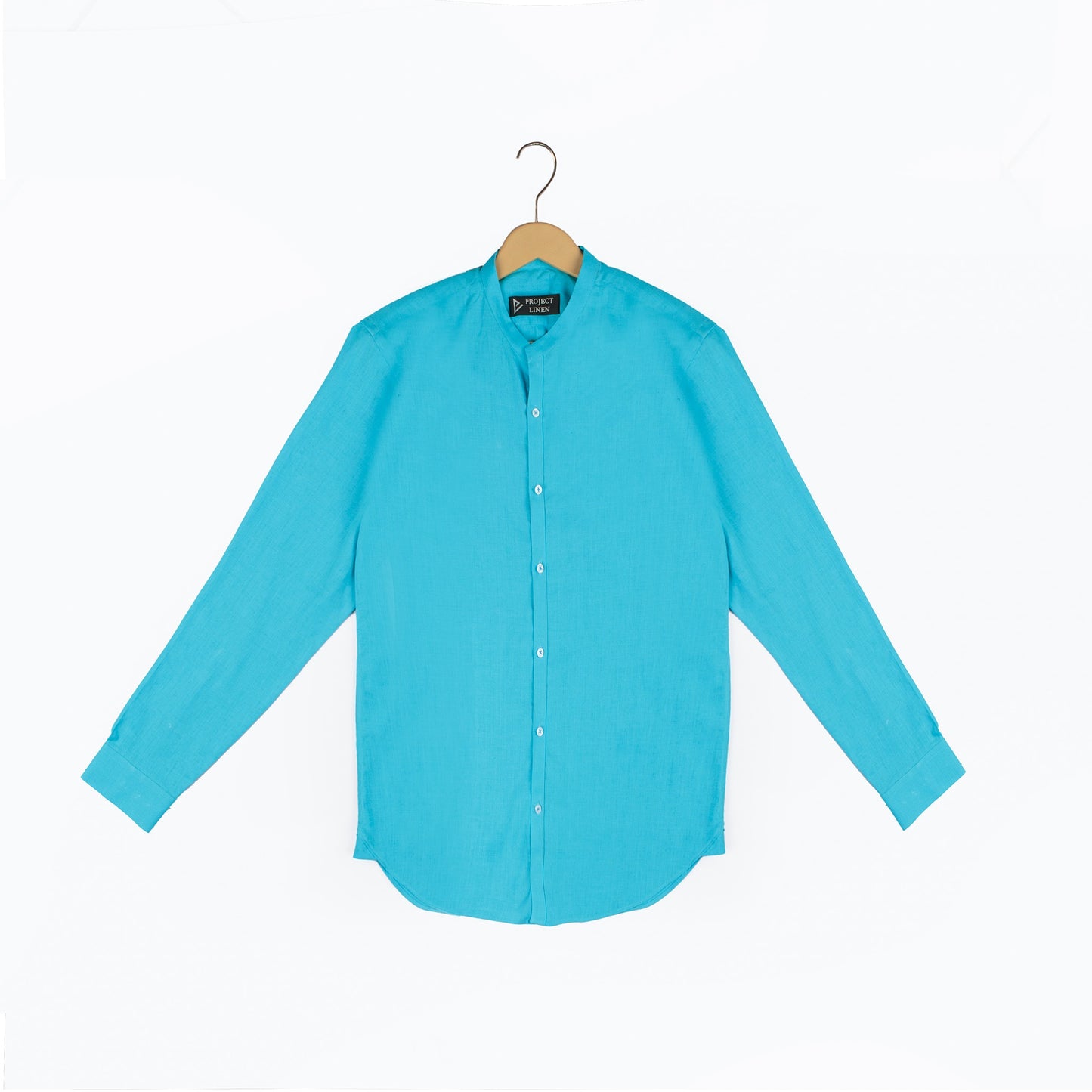 Turquoise Blue Band Collar Linen Shirt