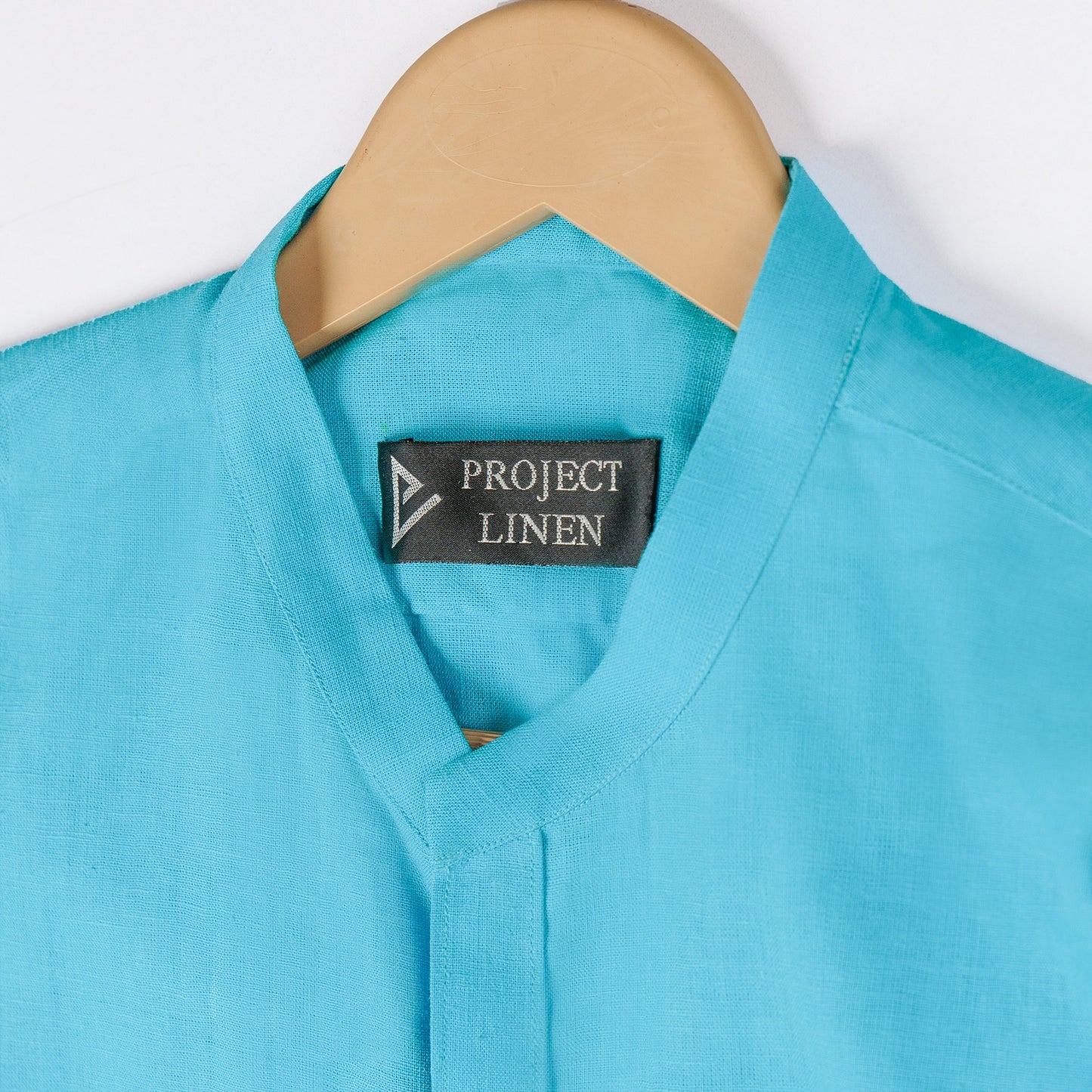 Turquoise Blue Band Collar Linen Shirt