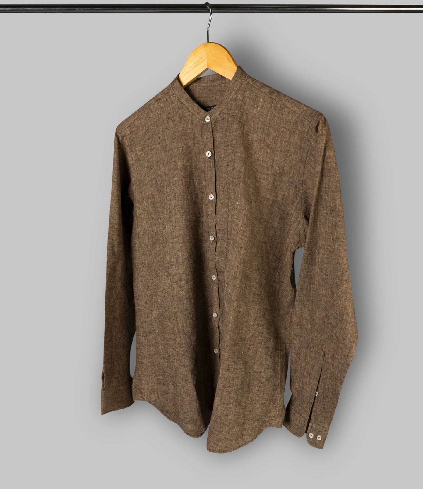 Brown Band Collar Linen Shirt - Her's