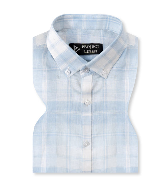 Blue Checkered Button Down Linen Shirt